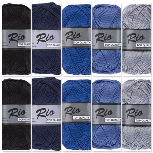 Cadeauset 12 - 10 bollen katoen garen - blauw zwart kleuren Rio voordeelset