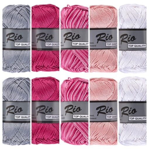 10 bollen katoen garen - Rio multi roze met grijs